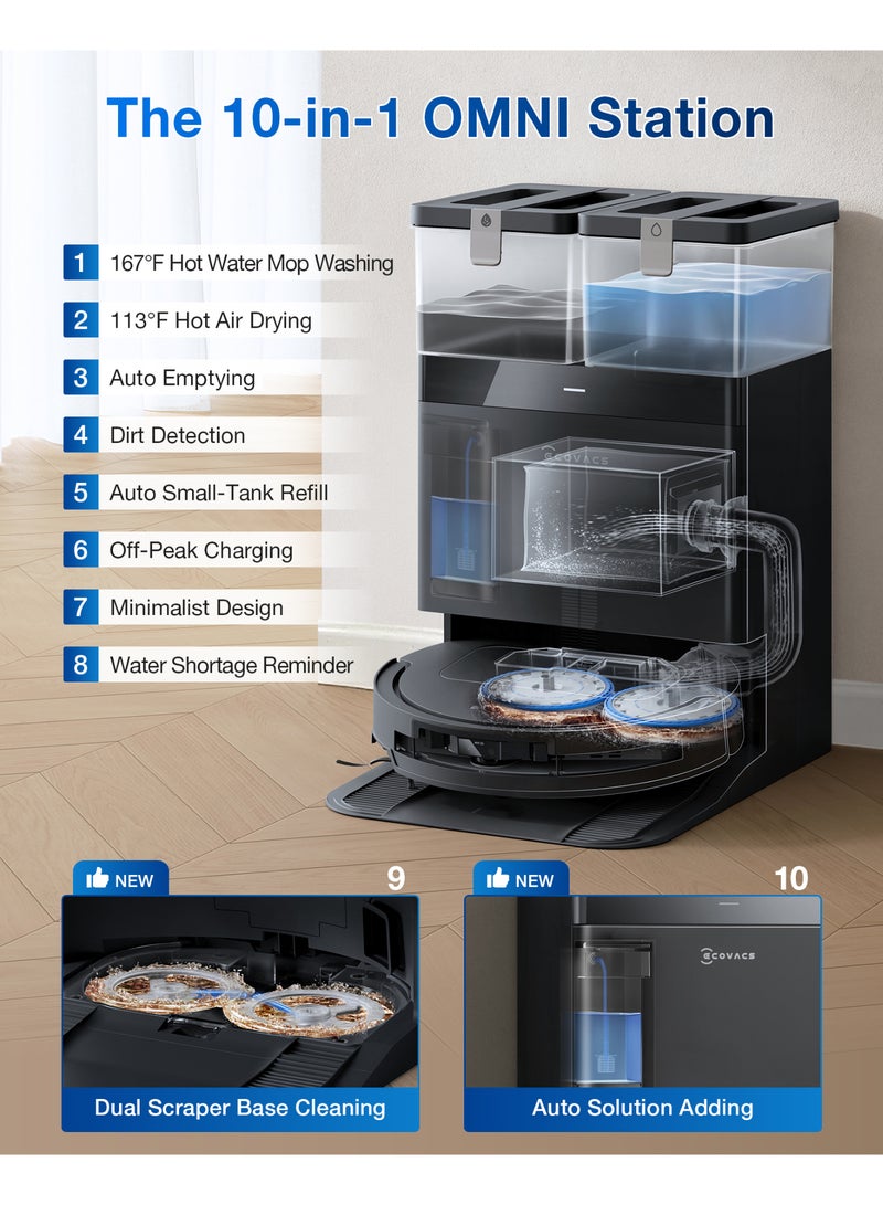 إيكوفاكس روبوت تنظيف ECOVACS DEEBOT T50 PRO OMNI كنس ومسح، قوة شفط 15000 باسكال، محطة تفريغ وغسيل وتجفيف تلقائي، فرشاة ZeroTangle مضادة للتشابك، تجنب عقبات AIVI ثلاثي الأبعاد، أسود 75 W DDX67 - Image 5