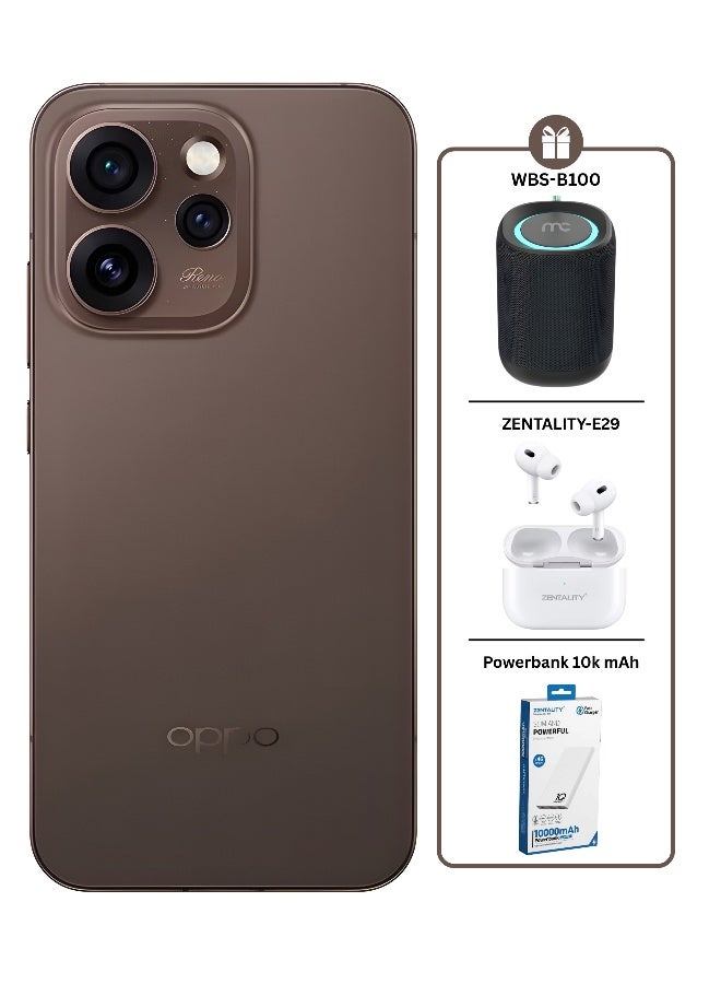 أوبو Reno15 Pro AI Phone Dual SIM 5G Dusk Brown 12GB RAM 512GB + My Candy Speaker + Zentality E29 Earbuds + Zentality Powerbank 10k mAh - Middle East Version - Image 1