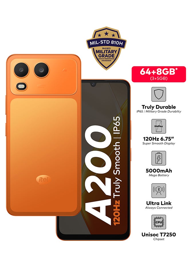 إيتيل A200 ثنائي الشريحة كوميت برتقالي 3+5 جيجابايت رام 64 جيجابايت 4G - نسخة الشرق الأوسط - Image 2