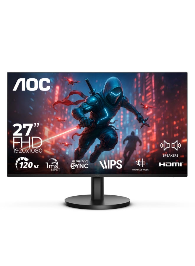 اي او سي 27B3HA3 Monitor 27-inch Full HD 1920×1080, IPS Panel, 120Hz Refresh Rate, 1ms Response Time, Adaptive Sync, 3-Sided Frameless, Speakers Black - Image 1