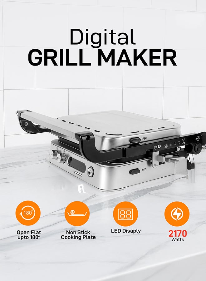 GEEPAS Digital Stainless Steel Grill Maker | Detachable Die Cast Plates, 2 Layer Non-Stick Coating for Easy Release and Quick Cleanup and Heat Up | Timer Function, Perfect for Grilled Sandwiches, BBQ Design, Fit Any Type or Size of Food, Meat, Snack| 2 Years Warranty GGM36516 Silver 2170 W GGM36516 silver - Image 2