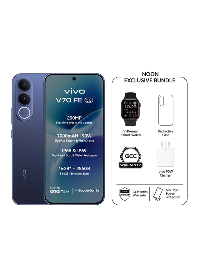 V70 FE 5G AI Dual SIM Ocean Blue 8GB 256GB With Exclusive Gifts: Smart Watch 90W Charger, Protective Cover, 4-year free battery replacement And 24 Months Warranty + 1 Year Screen Replacement - Middle East Version
