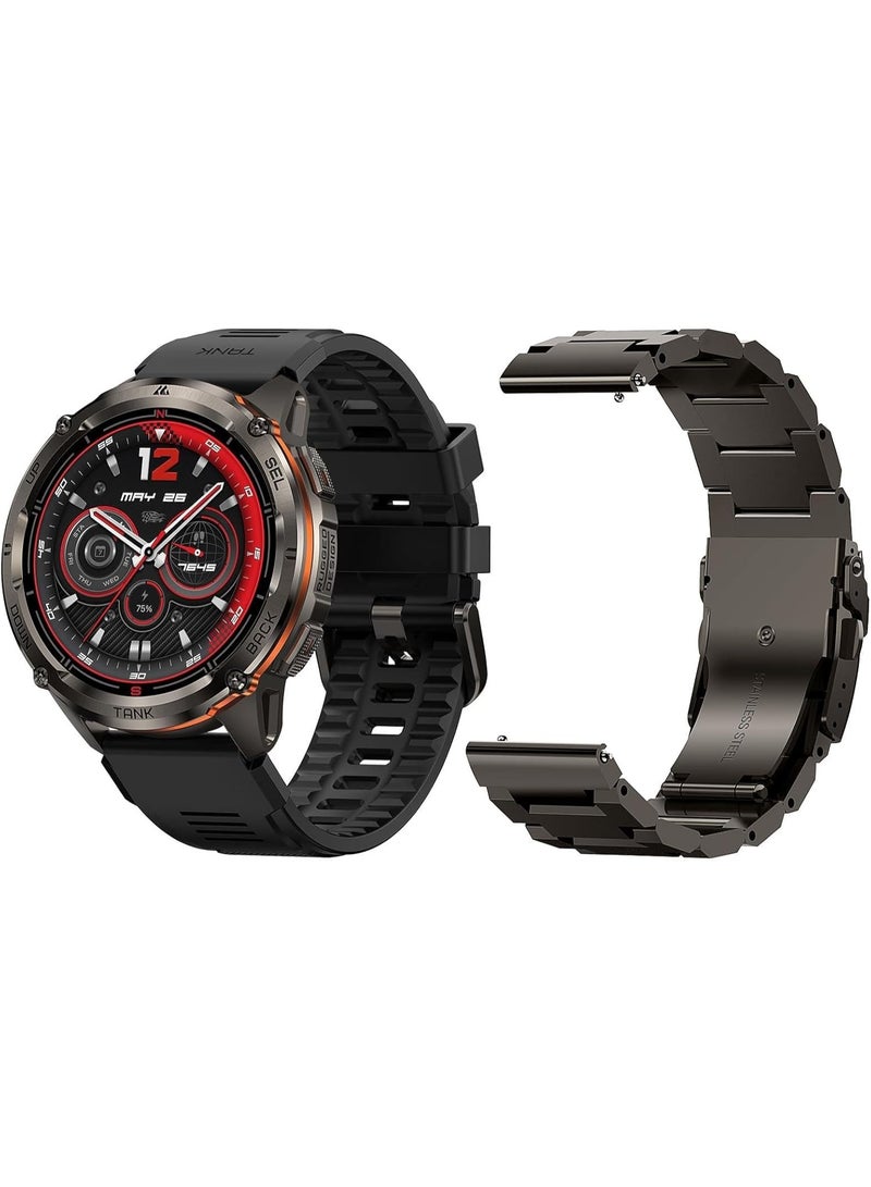 KOSPET 470 mAh Tank T3 Ultra 2 Special Edition With Metal Watch Band Replacement, Rugged Military-Grade Smart Watch for Men with 1.43″ AMOLED Display, Dual-Band GPS & 6 Satellite Positioning, Bluetooth Calling, 5ATM + IP69K Waterproof, Built-In Compass, Barometer & 170+ Sports Modes, Long-Lasting Battery - Black - Image 1