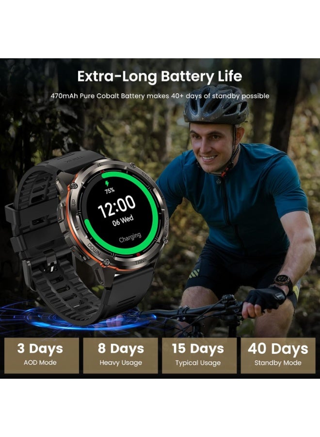 KOSPET 470 mAh Tank T3 Ultra 2 Special Edition With Metal Watch Band Replacement, Rugged Military-Grade Smart Watch for Men with 1.43″ AMOLED Display, Dual-Band GPS & 6 Satellite Positioning, Bluetooth Calling, 5ATM + IP69K Waterproof, Built-In Compass, Barometer & 170+ Sports Modes, Long-Lasting Battery - Black - Image 4