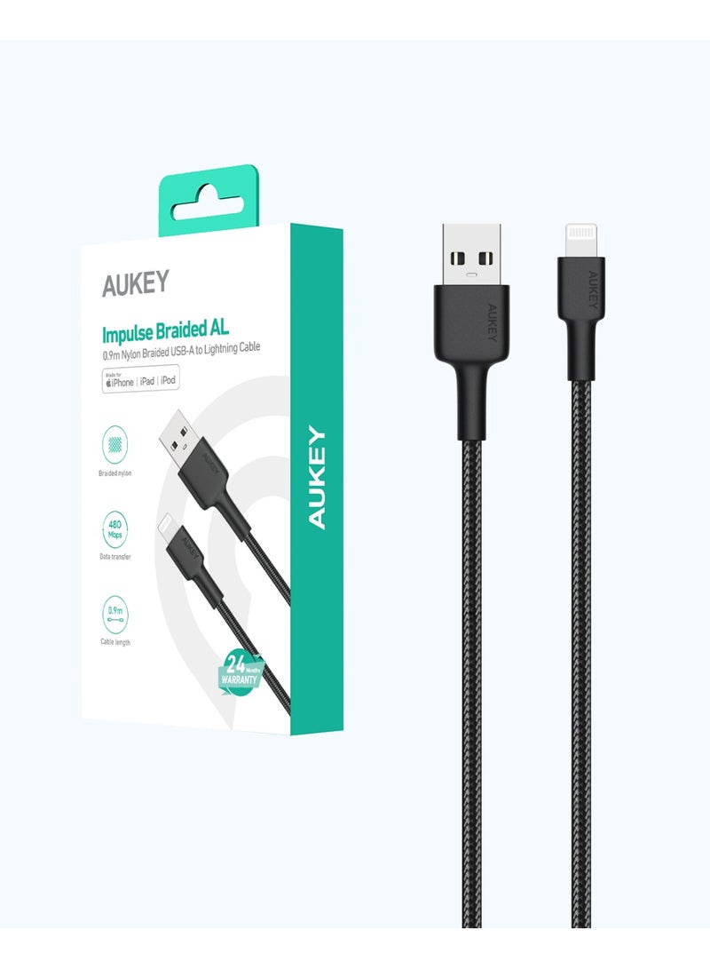 أوكي USB-A to Lightning Cable Nylon Braided MFi Certified Fast Charging Cable for iPhone 14/14 Plus/14 Pro/14 Pro Max/13/12/11/X Series black - Image 1