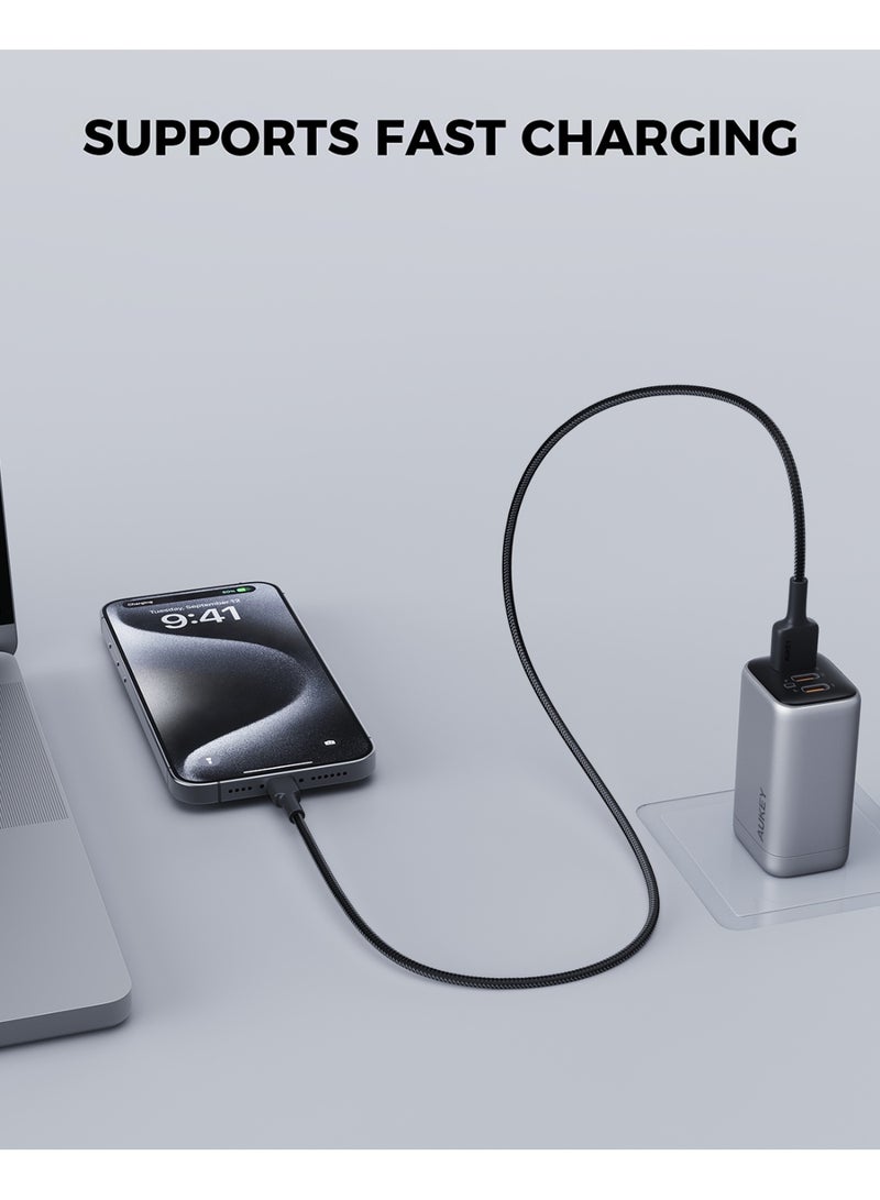 أوكي USB-A to Lightning Cable Nylon Braided MFi Certified Fast Charging Cable for iPhone 14/14 Plus/14 Pro/14 Pro Max/13/12/11/X Series black - Image 4