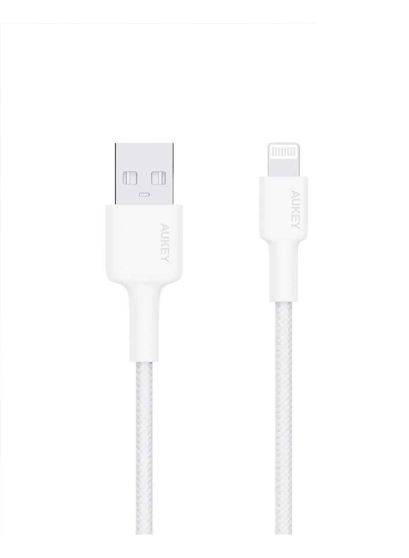 أوكي USB-A to Lightning Cable Nylon Braided MFi Certified Fast Charging Cable for iPhone 14/14 Plus/14 Pro/14 Pro Max/13/12/11/X Series white - Image 1