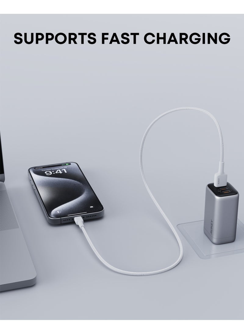 أوكي USB-A to Lightning Cable Nylon Braided MFi Certified Fast Charging Cable for iPhone 14/14 Plus/14 Pro/14 Pro Max/13/12/11/X Series white - Image 5