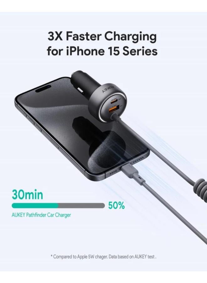 أوكي AUKEY CC-P2 Pathfinder Sling 75W Fast Charging Car Charger with Built-in Cable grey - Image 2