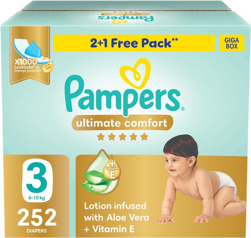 Pampers Ultimate Comfort Taped Diapers, Size 3, 6-10kg, Lotion infused with Aloe Vera and Vitamin E, Giga Box, 252 Count - Image 1