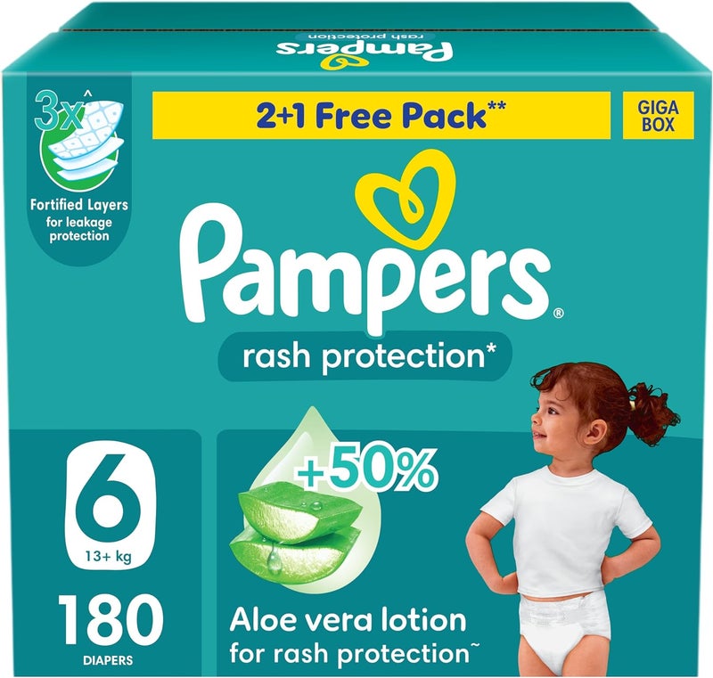Pampers Rash Protection Taped Diapers, Size 6, 13+kg, +50% Aloe Vera Lotion for Rash Protection, 3x Fortified Layers for Leakage Protection, Giga Box, 180 Count - Image 1
