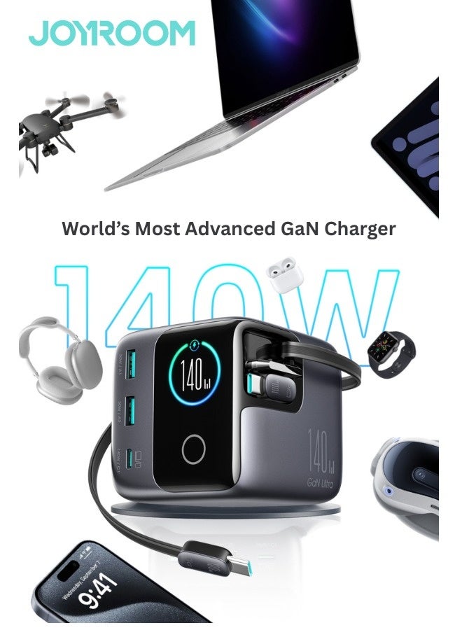 JOYROOM PODIX World’s Most Powerful 140W Desktop GaN Charger – 5-Port Smart Charging Hub with Intelligent Power Recognition, Dual USB-C PD Ultra-Fast Charging, Auto-Retract Cable & Real-Time Power Display for MacBook Pro, Gaming Laptops, Latest iPhones, Mobile Phones & Tablets – 8-Point Safety Protection, European CE Certified Steel Black - Image 1