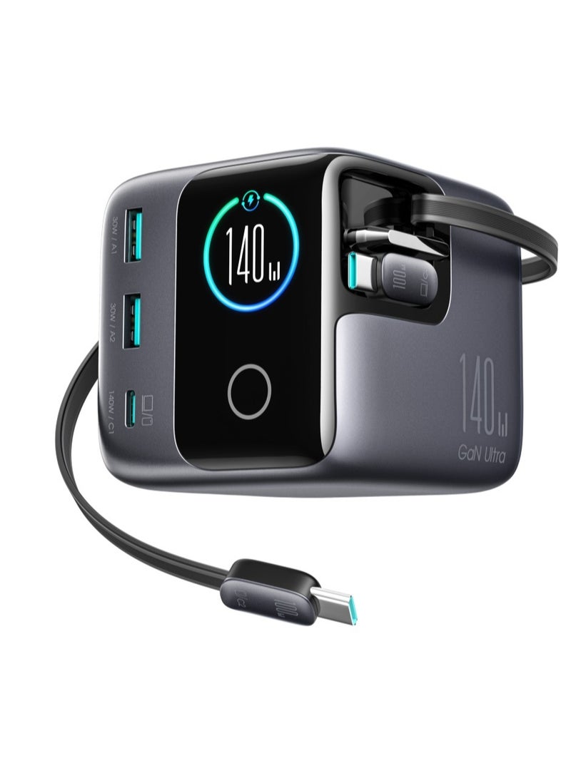 JOYROOM PODIX World’s Most Powerful 140W Desktop GaN Charger – 5-Port Smart Charging Hub with Intelligent Power Recognition, Dual USB-C PD Ultra-Fast Charging, Auto-Retract Cable & Real-Time Power Display for MacBook Pro, Gaming Laptops, Latest iPhones, Mobile Phones & Tablets – 8-Point Safety Protection, European CE Certified Steel Black - Image 4