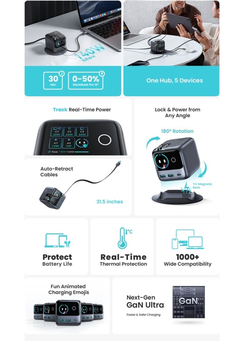 JOYROOM PODIX World’s Most Powerful 140W Desktop GaN Charger – 5-Port Smart Charging Hub with Intelligent Power Recognition, Dual USB-C PD Ultra-Fast Charging, Auto-Retract Cable & Real-Time Power Display for MacBook Pro, Gaming Laptops, Latest iPhones, Mobile Phones & Tablets – 8-Point Safety Protection, European CE Certified Steel Black - Image 3