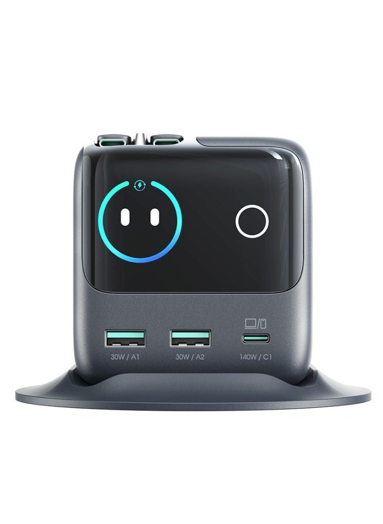 JOYROOM PODIX World’s Most Powerful 140W Desktop GaN Charger – 5-Port Smart Charging Hub with Intelligent Power Recognition, Dual USB-C PD Ultra-Fast Charging, Auto-Retract Cable & Real-Time Power Display for MacBook Pro, Gaming Laptops, Latest iPhones, Mobile Phones & Tablets – 8-Point Safety Protection, European CE Certified Steel Black - Image 2