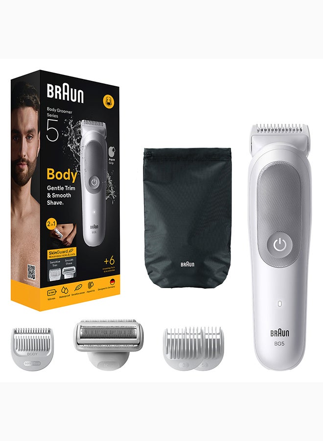 براون Series 5 Body Groomer for Men, 2 in 1 Gentle Trim & Smooth Shave, SkinGuard Technology, 100% Waterproof, +6 Grooming Tools & Accessories - BG 5550 Light Grey 10.5 x 6 x 25.2cm - Image 1