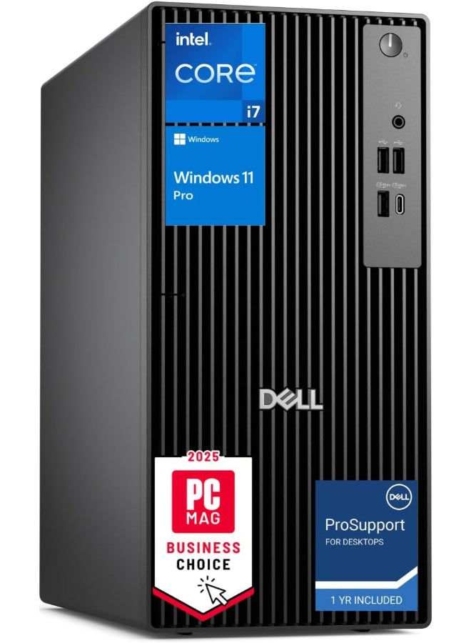 ديل Pro Tower QCT1250 Desktop – 14th Gen Intel® Core™ i7-14700 (20 cores, up to 5.3GHz / 8+8 16GB DDR5 RAM, 5600 MHz, 2TB SSD, Windows 11 Pro, Intel UHD Graphics, Wi-Fi 6E, BT,  Keyboard & Mouse english black - Image 1