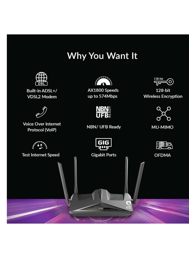 Mobily D-Link - Superfast Fiber Optic Internet | AX1800 Wi-Fi 6 up to ~574 Mbps on 2.4 GHz + ~1200 Mbps on 5 GHz | VDSL2, Gaming, DSL, NBN Compatible modems and Networking Devices, NBN routers for Home & Office | DSL-X1852E - Black - Image 3