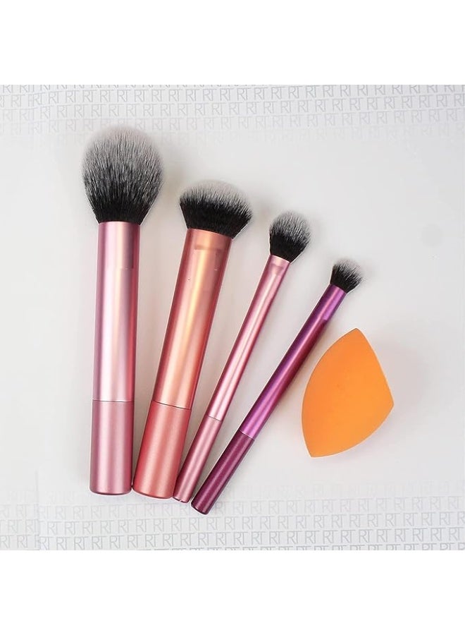 REAL TECHNIQUES 5 Piece Everyday Essentials Makeup Brush Set, Includes 4 Brushes & 1 Makeup Sponges, For Foundation, Blush, Bronzer, Contour, Eyeshadow, & Powder, Travel Gift Set, Cruelty-Free & Vegan - Pink - Image 2