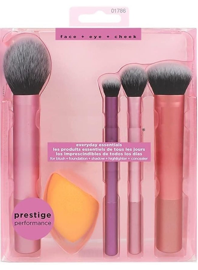 REAL TECHNIQUES 5 Piece Everyday Essentials Makeup Brush Set, Includes 4 Brushes & 1 Makeup Sponges, For Foundation, Blush, Bronzer, Contour, Eyeshadow, & Powder, Travel Gift Set, Cruelty-Free & Vegan - Pink - Image 1