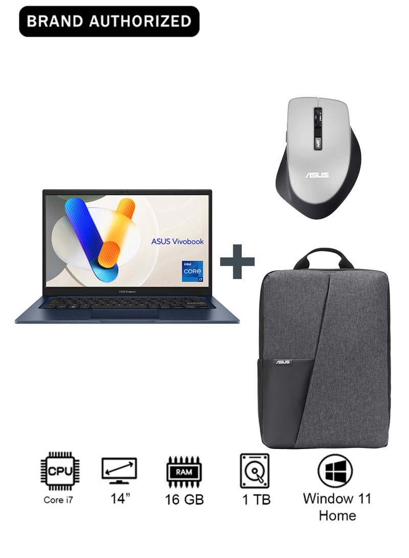 ASUS Vivobook 14 Laptop With 14-Inch Display, Core i7-1355U Processor/16GB RAM/1TB SSD/Intel UHD Graphics/Windows 11 Home With bag And (Silver Colour Mouse) blue - Image 1