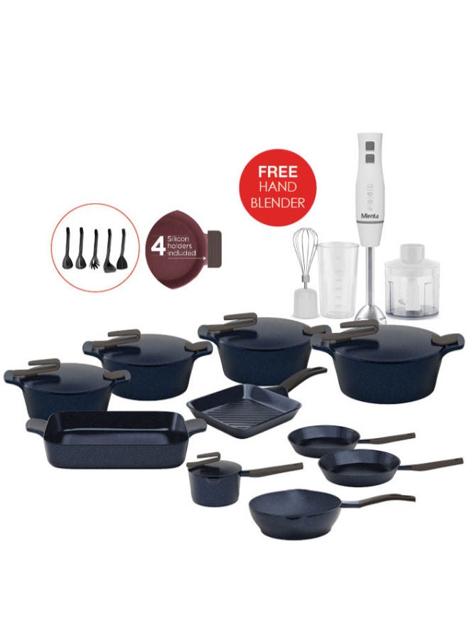 PYREX 24-Piece Granite Cookware Set: Pots (18-20-24-30), Frying Pan (20-24), Casserole Dish (31), Grill Pan (28), Wok (28), Saucepan (16), 4 Tongs, 5 Serving Utensils, And A Free Plunger Whisk (Navy Blue). Navy Blue (18-20-24-30), Frying Pan (20-24), Casserole Dish (31), Grill Pan (28), Wok (28), Saucepan (16)cm - Image 1