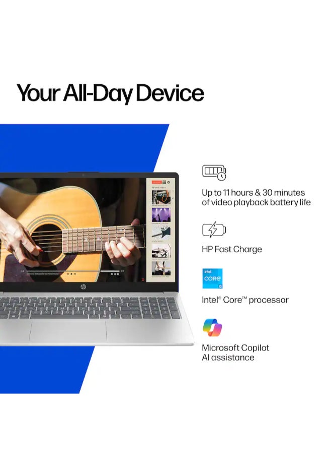 HP 15.6 Inch Laptop HD LED Display, Intel Core i3‑N305, 8GB RAM, 128GB UFS Storage, Intel UHD Graphics, Windows 11 Home English Natural Silver - Image 4