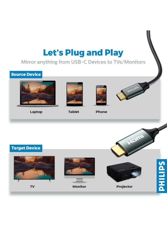 Philips USB-C to HDMI Cable 1.5m - 4K 30Hz Ultra HD, Braided High-Speed Compatible Adapter for MacBook, iPad Pro, Laptops black - Image 5