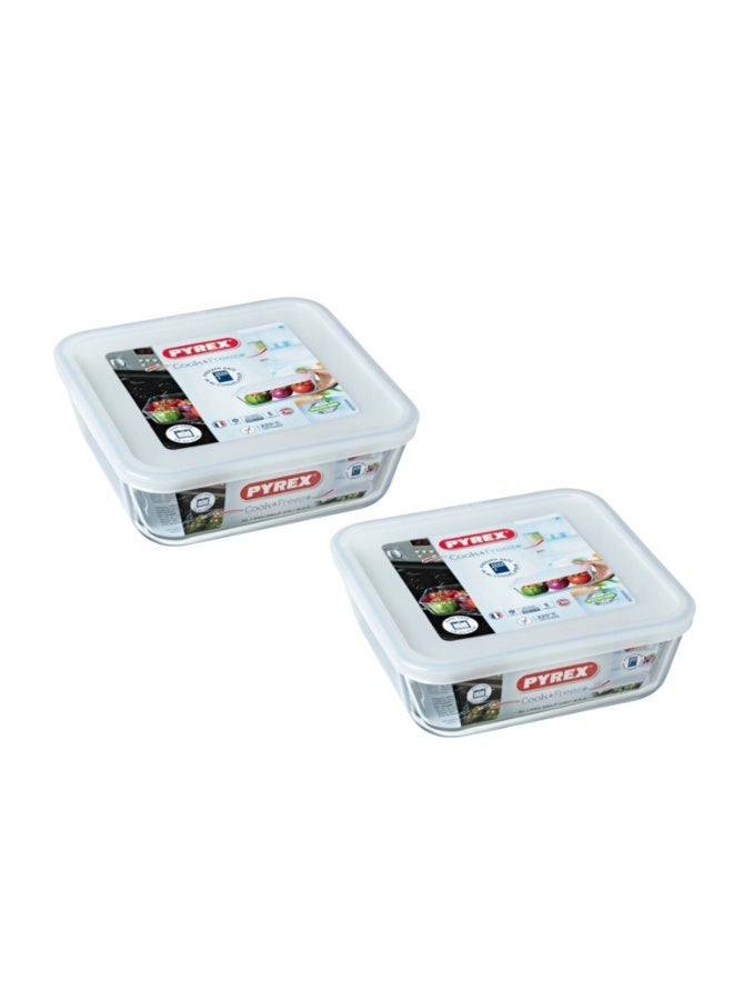 Pyrex Cook & Freeze Square Glass Dish with Plastic Lid 0.8L (Pack of 2), Oven, Microwave, Freezer & Dishwasher Safe Food Storage Container Clear 0.8Liters - Image 1