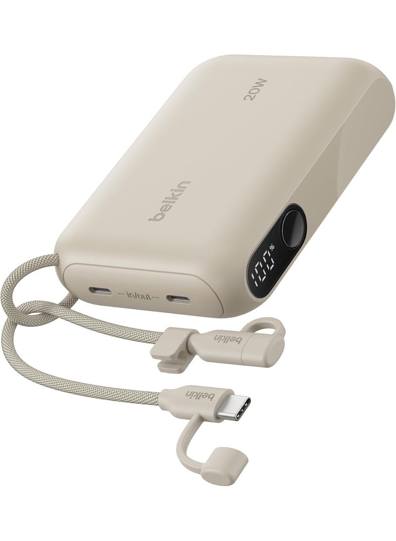 بيلكين شاحن محمول من Belkin، باور بانك نحيف بمنفذ USB-C سعة 10,000 مللي أمبير/ساعة مع USB-C، شاشة رقمية للبطارية، شحن بقدرة 20 واط لسلسلة iPhone 16 وiPhone 15 وSamsung Galaxy S25 وS24 وPixel 9 وiPad - رملي - Image 1