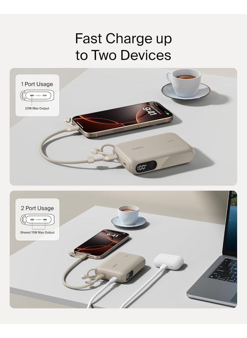 بيلكين شاحن محمول من Belkin، باور بانك نحيف بمنفذ USB-C سعة 10,000 مللي أمبير/ساعة مع USB-C، شاشة رقمية للبطارية، شحن بقدرة 20 واط لسلسلة iPhone 16 وiPhone 15 وSamsung Galaxy S25 وS24 وPixel 9 وiPad - رملي - Image 2