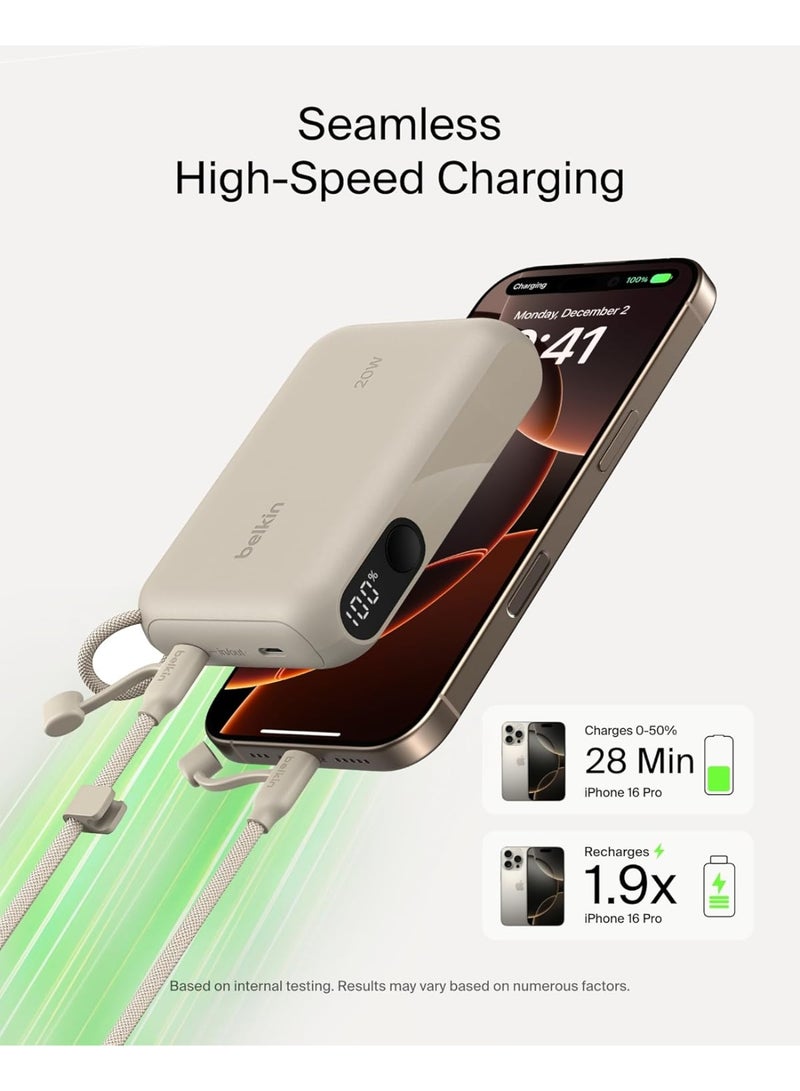 بيلكين شاحن محمول من Belkin، باور بانك نحيف بمنفذ USB-C سعة 10,000 مللي أمبير/ساعة مع USB-C، شاشة رقمية للبطارية، شحن بقدرة 20 واط لسلسلة iPhone 16 وiPhone 15 وSamsung Galaxy S25 وS24 وPixel 9 وiPad - رملي - Image 3