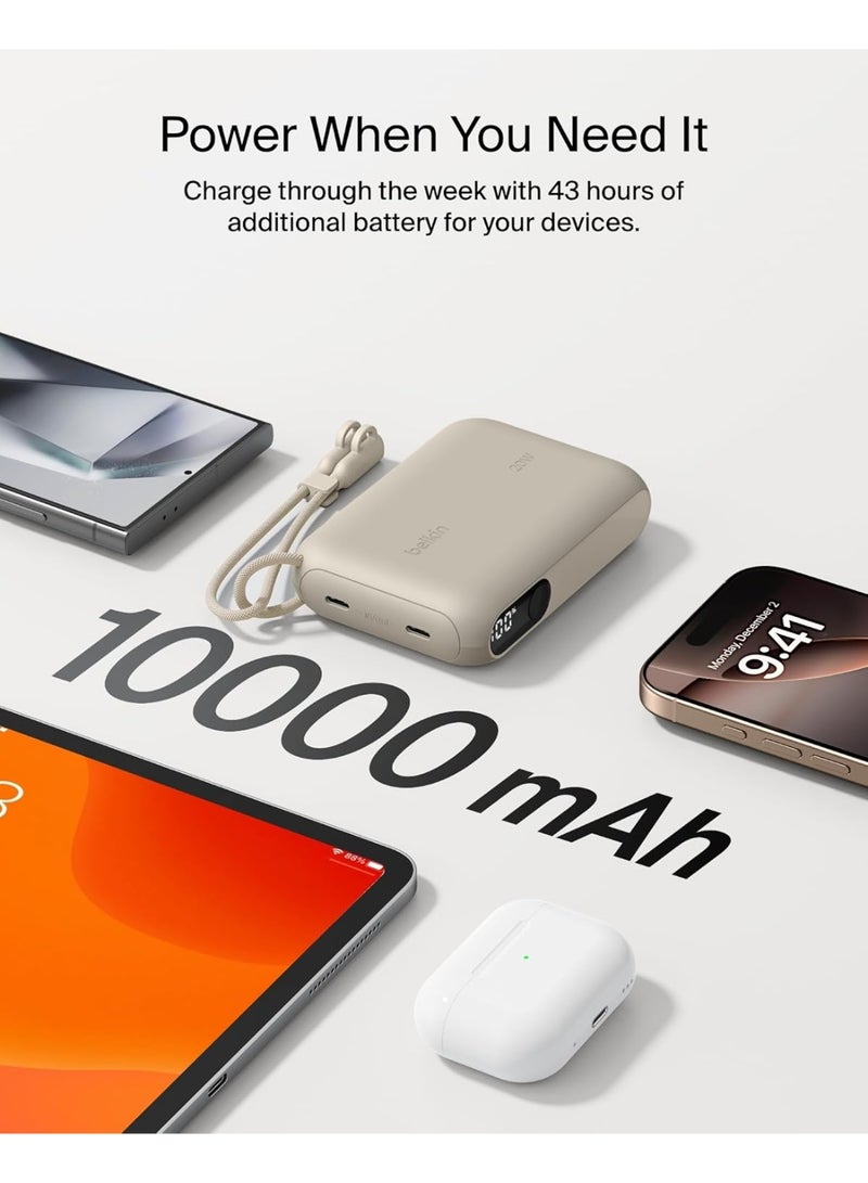 بيلكين شاحن محمول من Belkin، باور بانك نحيف بمنفذ USB-C سعة 10,000 مللي أمبير/ساعة مع USB-C، شاشة رقمية للبطارية، شحن بقدرة 20 واط لسلسلة iPhone 16 وiPhone 15 وSamsung Galaxy S25 وS24 وPixel 9 وiPad - رملي - Image 4