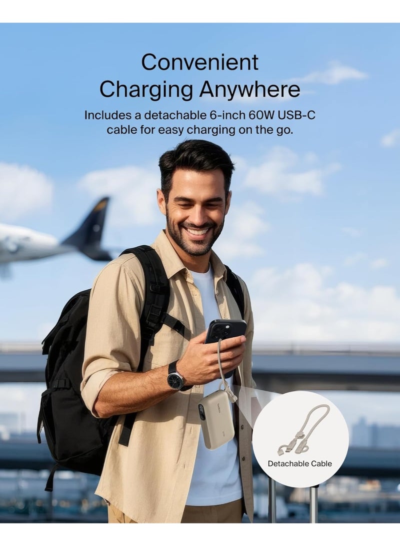 بيلكين شاحن محمول من Belkin، باور بانك نحيف بمنفذ USB-C سعة 10,000 مللي أمبير/ساعة مع USB-C، شاشة رقمية للبطارية، شحن بقدرة 20 واط لسلسلة iPhone 16 وiPhone 15 وSamsung Galaxy S25 وS24 وPixel 9 وiPad - رملي - Image 5