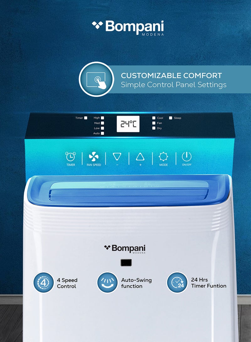 Bompani Portable Air Conditioner 16000 BTU 4-in-1 – Cooling, Heating, Dehumidifier & Fan, LED Display, 24H Timer, Auto Swing – (1 Year Warranty) 2000 W BO1600I white - Image 4