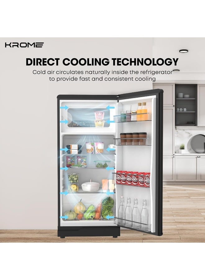 كروم ثلاجة كروما 220 لتر بباب واحد، سعة صافية 165 لتر، درج خضار، رفوف زجاجية، إضاءة داخلية LED، تحكم ميكانيكي في درجة الحرارة، ضمان لمدة سنة، تشطيب زجاجي أسود فاخر - KR-RFD220GG - Image 4