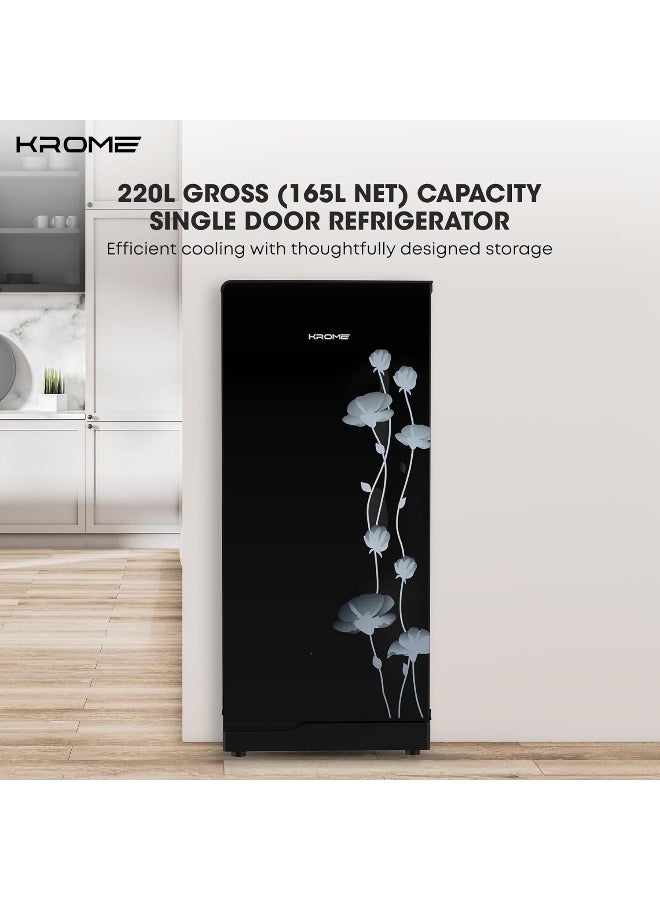 كروم ثلاجة كروما 220 لتر بباب واحد، سعة صافية 165 لتر، درج خضار، رفوف زجاجية، إضاءة داخلية LED، تحكم ميكانيكي في درجة الحرارة، ضمان لمدة سنة، تشطيب زجاجي أسود فاخر - KR-RFD220GG - Image 3