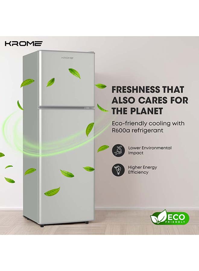 كروم ثلاجة مزدوجة الباب بسعة 180 لتر مع فريزر علوي، سعة صافية 138 لتر، درج خضار، رفوف زجاجية، إضاءة داخلية LED، تحكم ميكانيكي، كفاءة في استهلاك الطاقة، ضمان لمدة سنة - Image 5