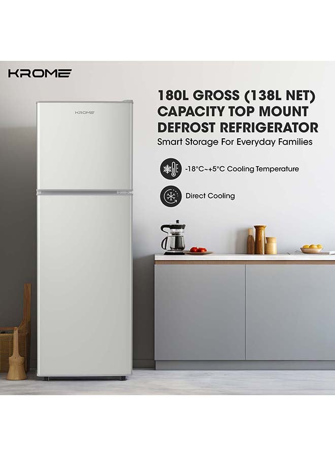 كروم ثلاجة مزدوجة الباب بسعة 180 لتر مع فريزر علوي، سعة صافية 138 لتر، درج خضار، رفوف زجاجية، إضاءة داخلية LED، تحكم ميكانيكي، كفاءة في استهلاك الطاقة، ضمان لمدة سنة - Image 2