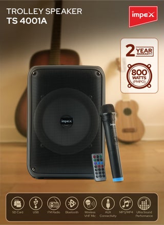 سماعة ترولي محمولة | سماعة كاريوكي بلوتوث بحجم 8 إنش مع شاشة LED | نظام PA بقوة 800 واط PMPO مع ميكروفون لاسلكي، أضواء LED، TWS، BT/FM/USB/TF/AUX | بطارية قابلة للشحن بسعة 1800 مللي أمبير ومنفذ شحن Type-C | TS 4001A - view 2