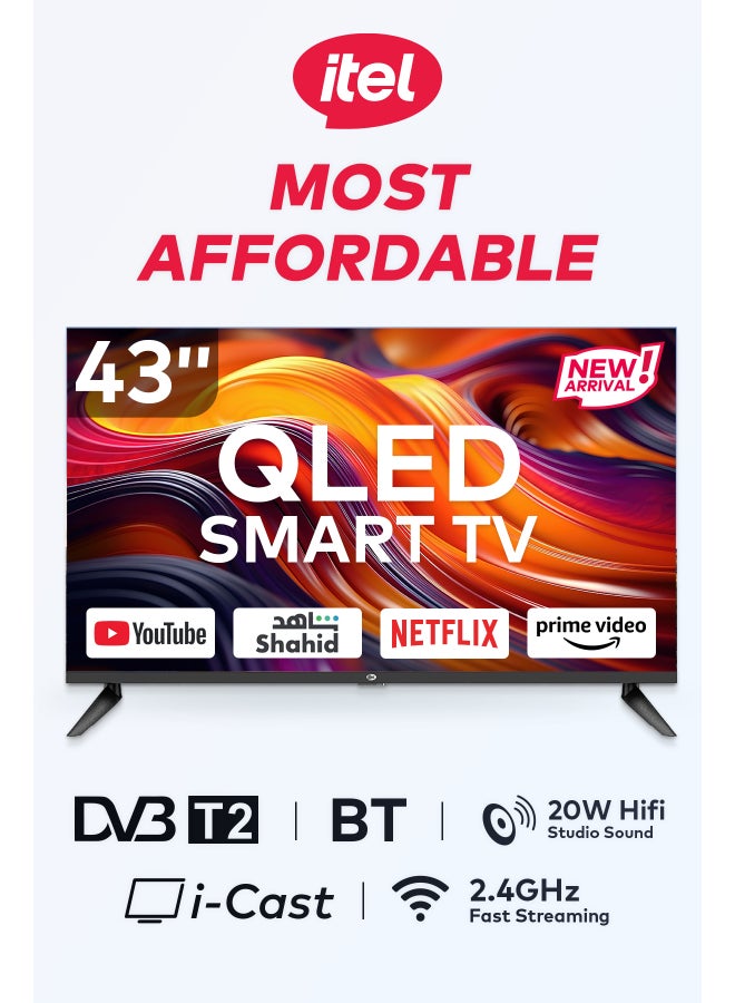 ITEL 43 Inch 1080p Full HD QLED TV, Operating System Android, 60Hz, Ultra Slim Frame, HDMI, USB, Netflix, YouTube, Prime Video, 20W Audio Output, Model Year 2025 L4360N Black - Image 1