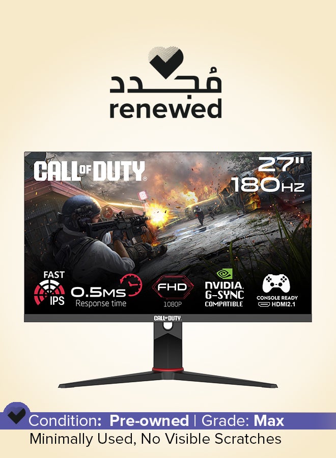 جايم أون مجدد - شاشة كمبيوتر للألعاب بحجم 27 بوصة من Call Of Duty (1920x1080) IPS سريع، FHD 1080P، معدل تحديث 180Hz، زمن استجابة 0.5ms، LED، HDMI 2.1، شاشة عريضة 16:9 مع قاعدة قابلة للتعديل (تدعم VRR و PS5) ‎COD27FHD180IPS - Image 1