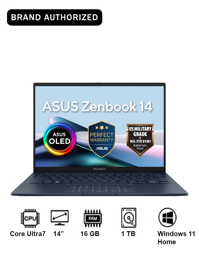 أسوس لابتوب زينبوك 14 بشاشة 14 بوصة، CORE ULTRA 7 255H/16GB/1TB PCIE G4 SSD/Intel UMA/Windows 11 Home - Image 1