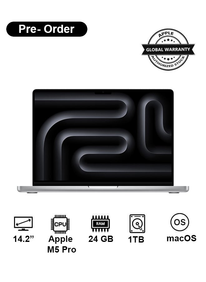 Apple New 2026 MacBook Pro MGDN4 | 14.2 Inch Display | Apple M5 Pro Chip 15-Core CPU 16-Core GPU | 24GB RAM | 1TB SSD | macOS | English Keyboard | Silver - Image 1