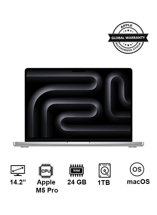 Apple New 2026 MacBook Pro MGDN4 | 14.2 Inch Display | Apple M5 Pro Chip 15-Core CPU 16-Core GPU | 24GB RAM | 1TB SSD | macOS | English Keyboard | Silver - Image 1