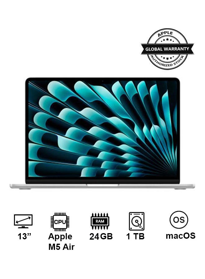 ابل  New 2026 MacBook Air MDH94 | 13 Inch Display | Apple M5 Air  | 10-Core CPU 10-Core GPU | 24GB RAM | 1TB SSD | macOS | English And Arabic Keyboard | Silver - Image 1