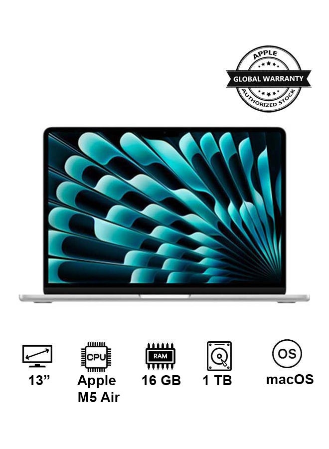 Apple New 2026 MacBook Air MDH84 | 13 Inch Display | Apple M5 Air  | 10-Core CPU 10-Core GPU | 16GB RAM | 1TB SSD | macOS | English Keyboard | Silver - Image 1