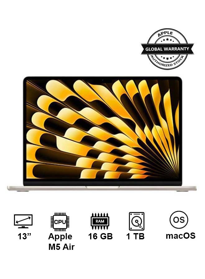 New 2026 MacBook Air MDHC4 | 13 Inch Display | Apple M5 Air  | 10-Core CPU 10-Core GPU | 16GB RAM | 1TB SSD | macOS | English And Arabic Keyboard | English/Arabic Starlight