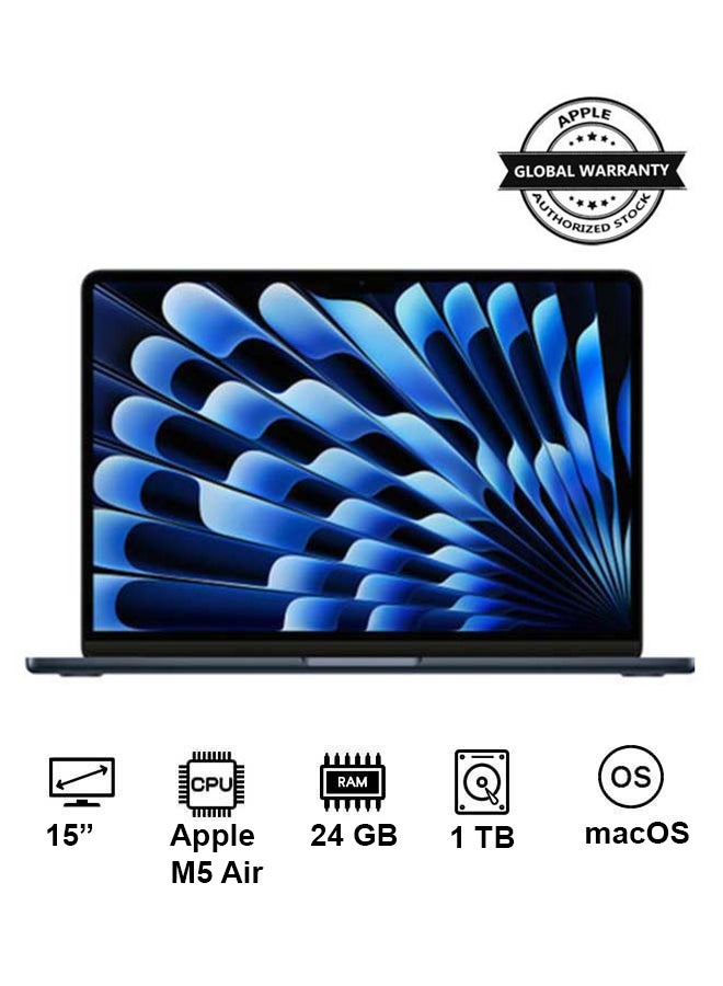 New 2026 MacBook Air MDVN4 | 15 Inch Display | M5 Air 10-Core CPU 10-Core GPU | 24GB RAM | 1TB SSD | macOS | English  Keyboard | Midnight