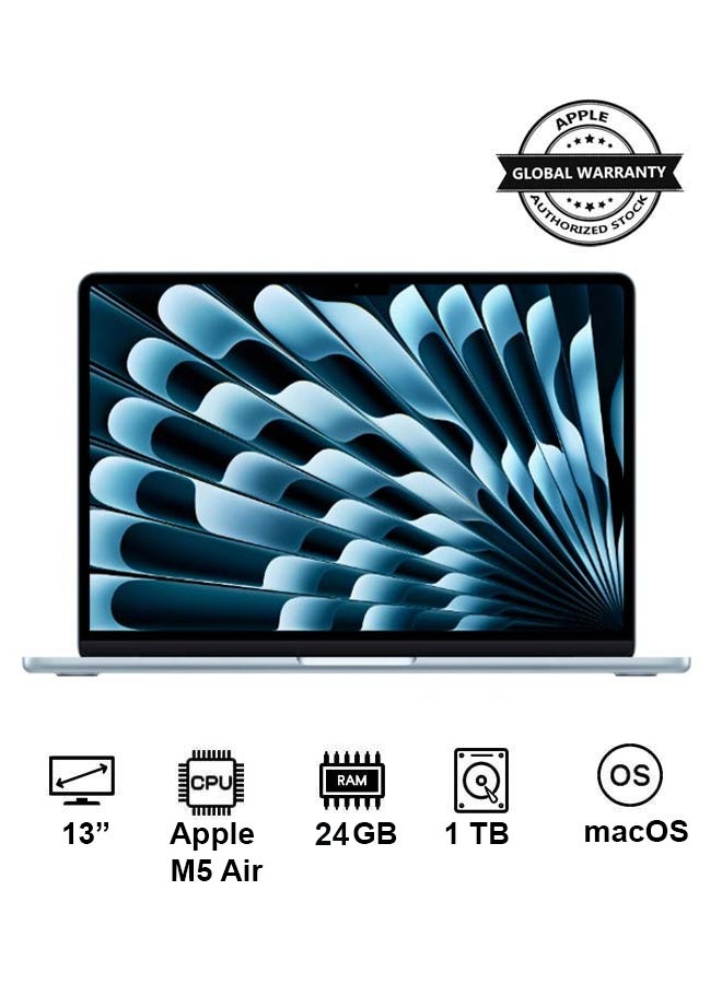 New 2026 MacBook Air MDHK4 | 13 Inch Display | Apple M5 Air  | 10-Core CPU 10-Core GPU | 24GB RAM | 1TB SSD | macOS | English And Arabic Keyboard | Sky Blue